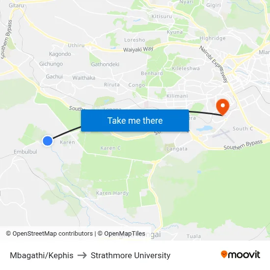 Mbagathi/Kephis to Strathmore University map