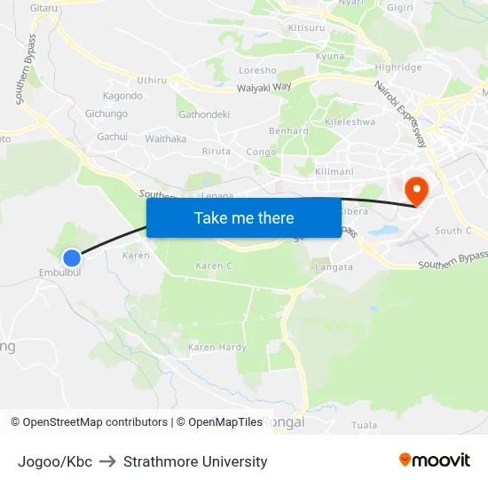 Jogoo/Kbc to Strathmore University map