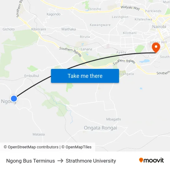 Ngong Bus Terminus to Strathmore University map