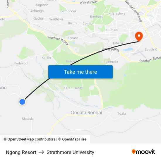 Ngong Resort to Strathmore University map