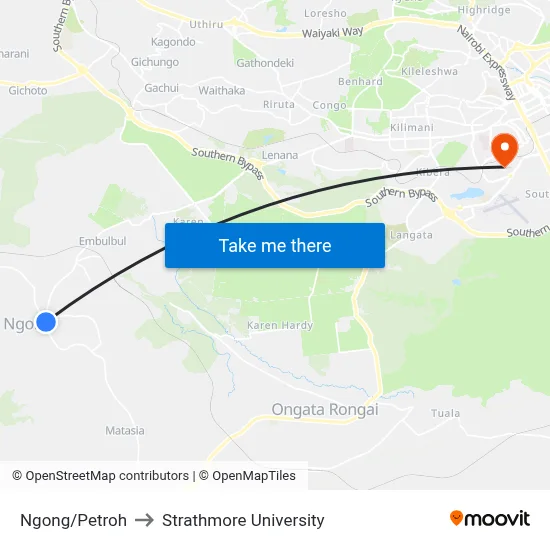 Ngong/Petroh to Strathmore University map