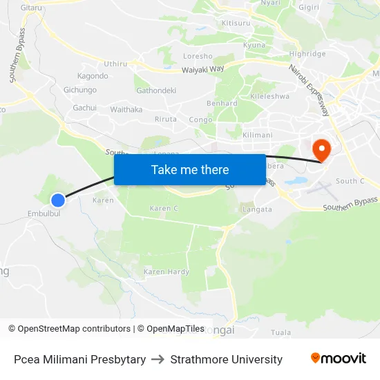 Pcea Milimani Presbytary to Strathmore University map