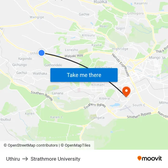 Uthiru to Strathmore University map