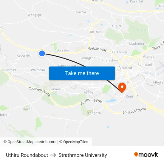Uthiru Roundabout to Strathmore University map