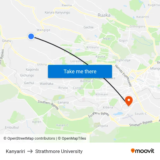 Kanyariri to Strathmore University map