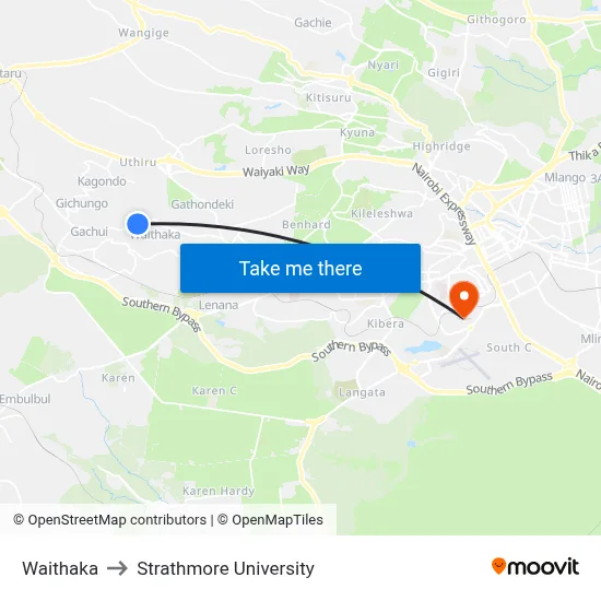 Waithaka to Strathmore University map