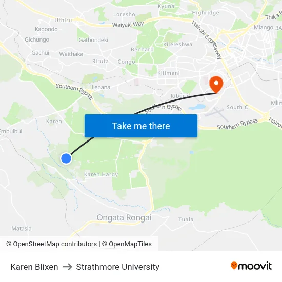 Karen Blixen to Strathmore University map