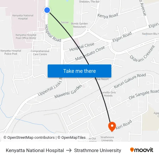 Kenyatta National Hospital to Strathmore University map