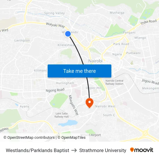 Westlands/Parklands Baptist to Strathmore University map