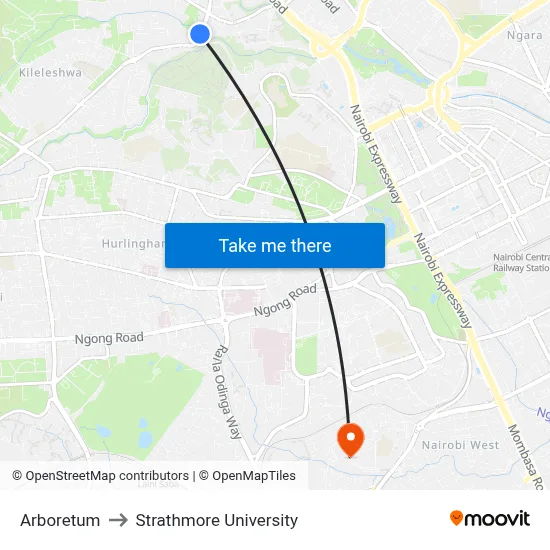 Arboretum to Strathmore University map