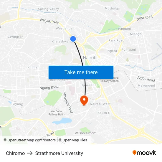 Chiromo to Strathmore University map