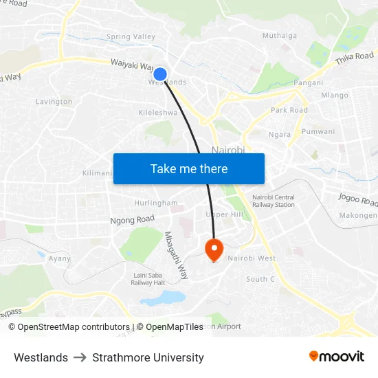 Westlands to Strathmore University map