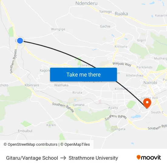 Gitaru/Vantage School to Strathmore University map