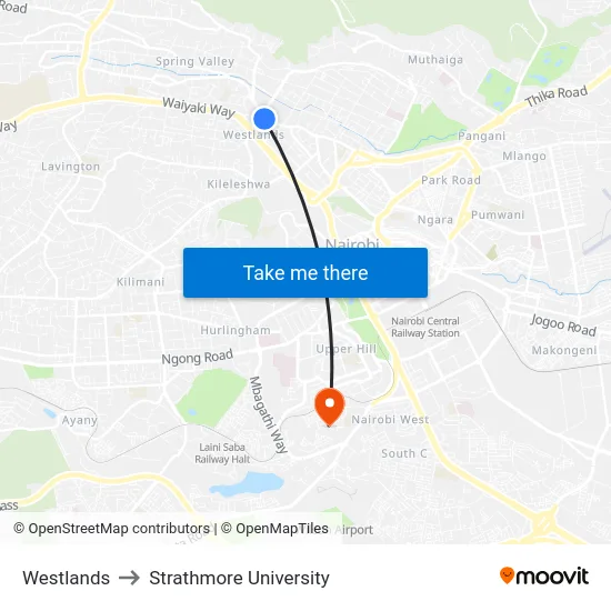 Westlands to Strathmore University map