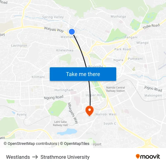 Westlands to Strathmore University map
