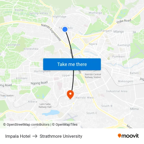Impala Hotel to Strathmore University map
