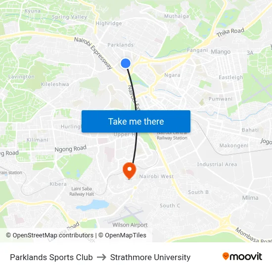Parklands Sports Club to Strathmore University map