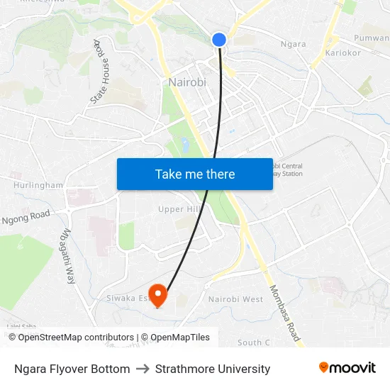 Ngara Flyover Bottom to Strathmore University map