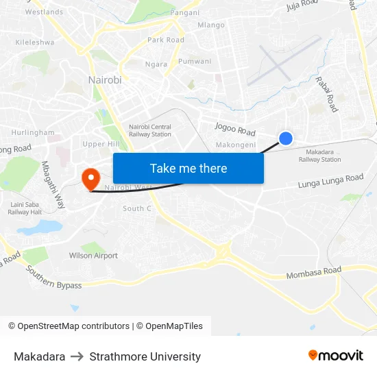 Makadara to Strathmore University map