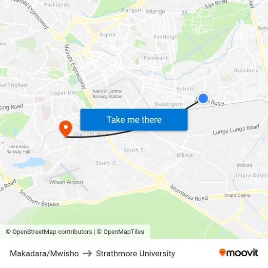 Makadara/Mwisho to Strathmore University map
