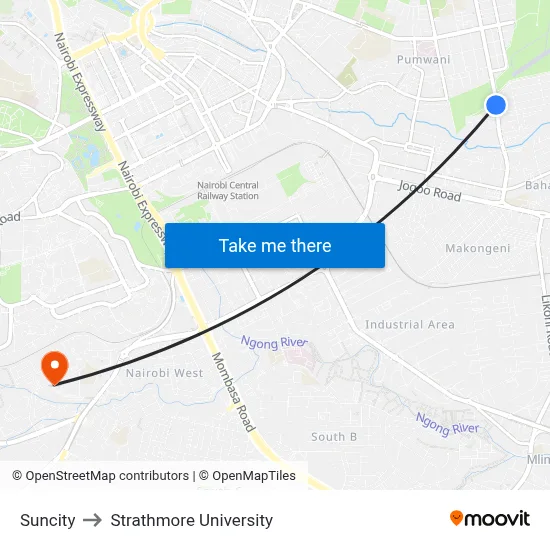 Suncity to Strathmore University map