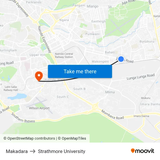 Makadara to Strathmore University map