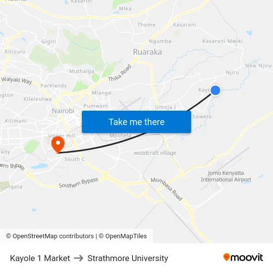 Kayole 1 Market to Strathmore University map