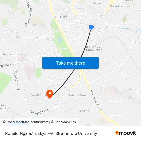 Ronald Ngala/Tuskys to Strathmore University map