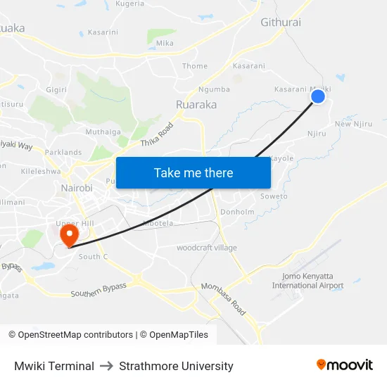 Mwiki Terminal to Strathmore University map