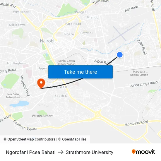 Ngorofani Pcea Bahati to Strathmore University map