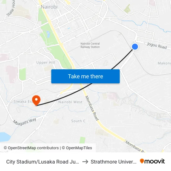 City Stadium/Lusaka Road Junctn to Strathmore University map