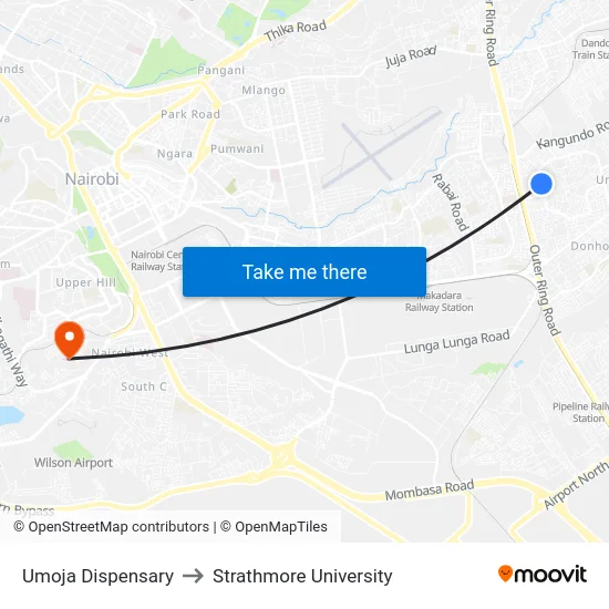 Umoja Dispensary to Strathmore University map