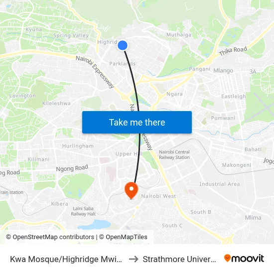Kwa Mosque/Highridge Mwisho to Strathmore University map