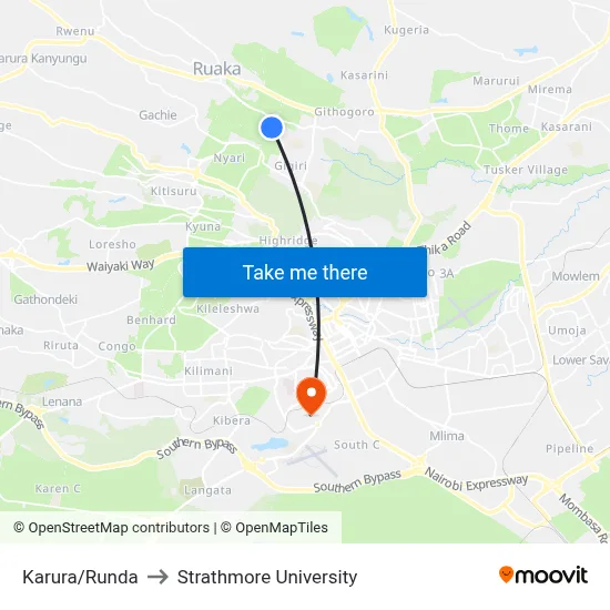 Karura/Runda to Strathmore University map