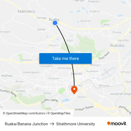 Ruaka/Banana Junction to Strathmore University map