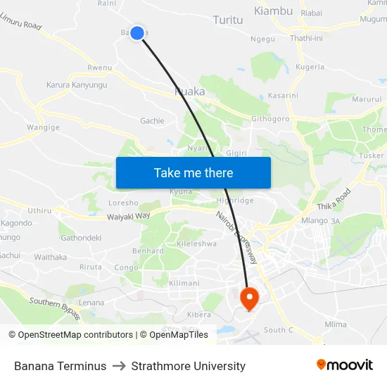 Banana Terminus to Strathmore University map