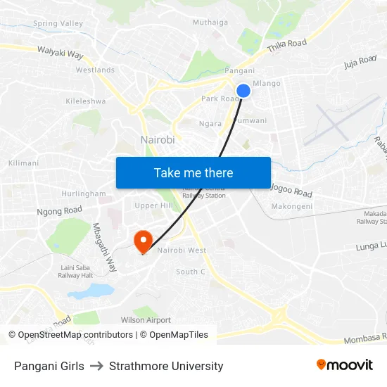 Pangani Girls to Strathmore University map