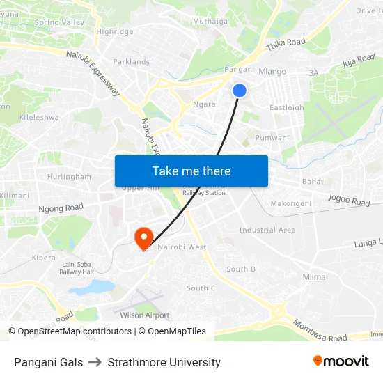 Pangani Gals to Strathmore University map