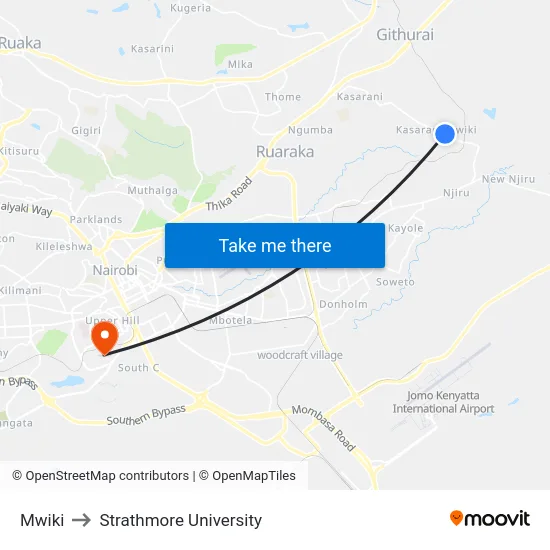 Mwiki to Strathmore University map