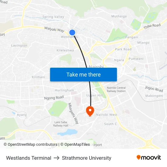 Westlands Terminal to Strathmore University map