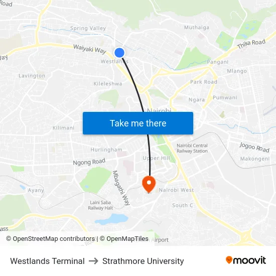 Westlands Terminal to Strathmore University map