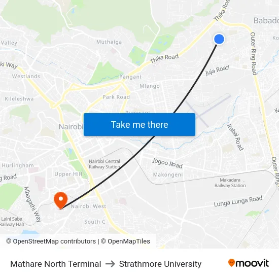 Mathare North Terminal to Strathmore University map