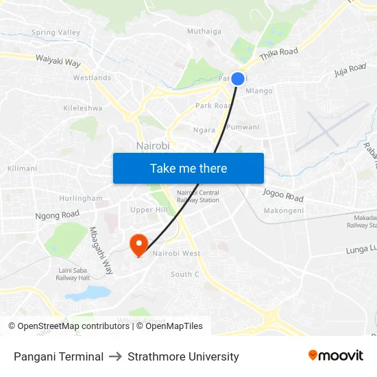 Pangani Terminal to Strathmore University map