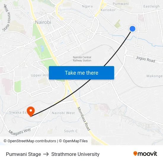 Pumwani Stage to Strathmore University map