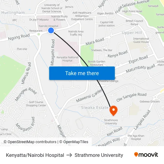 Kenyatta/Nairobi Hospital to Strathmore University map