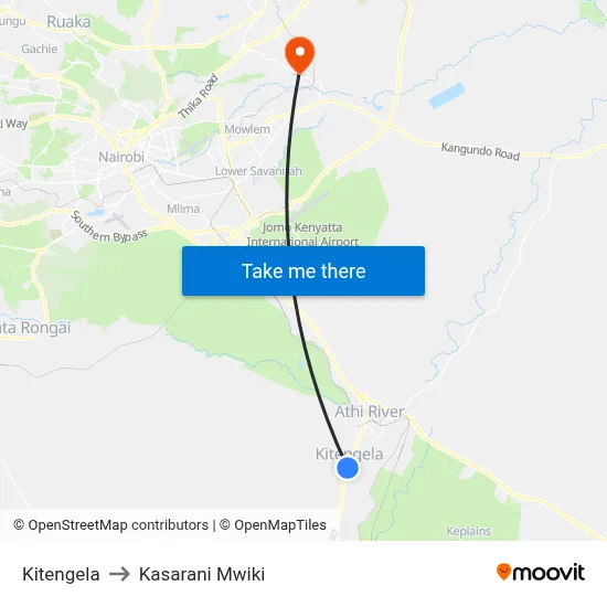 Kitengela to Kasarani Mwiki map
