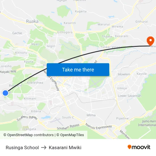 Rusinga School to Kasarani Mwiki map