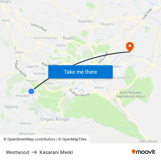 Westwood to Kasarani Mwiki map