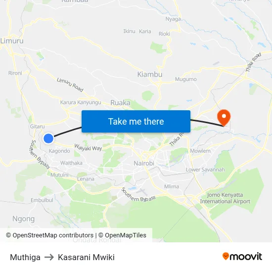 Muthiga to Kasarani Mwiki map
