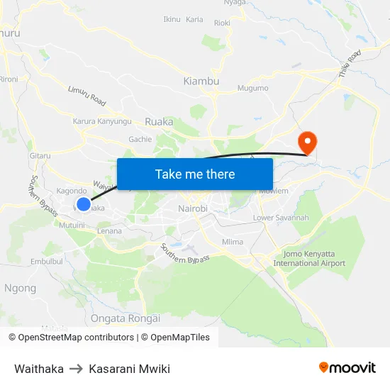 Waithaka to Kasarani Mwiki map